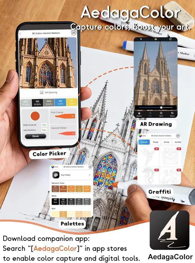 Alt view image 3 of 6 - YHC 80 Colors Alcohol Markers with Free APP, Alcohol-Based Dual Chisel and Fine Tips Markers with Kickstand Case for Adult Coloring, Drawing, Painting and Sketching, Great Gift Idea for Artists