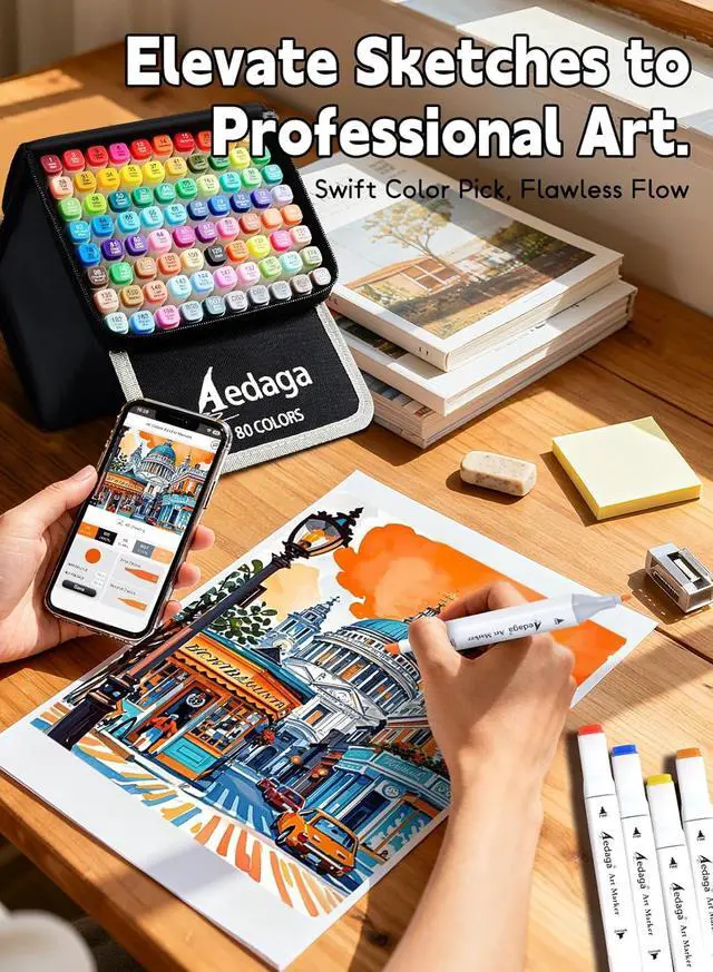 Alt view image 6 of 6 - YHC 80 Colors Alcohol Markers with Free APP, Alcohol-Based Dual Chisel and Fine Tips Markers with Kickstand Case for Adult Coloring, Drawing, Painting and Sketching, Great Gift Idea for Artists