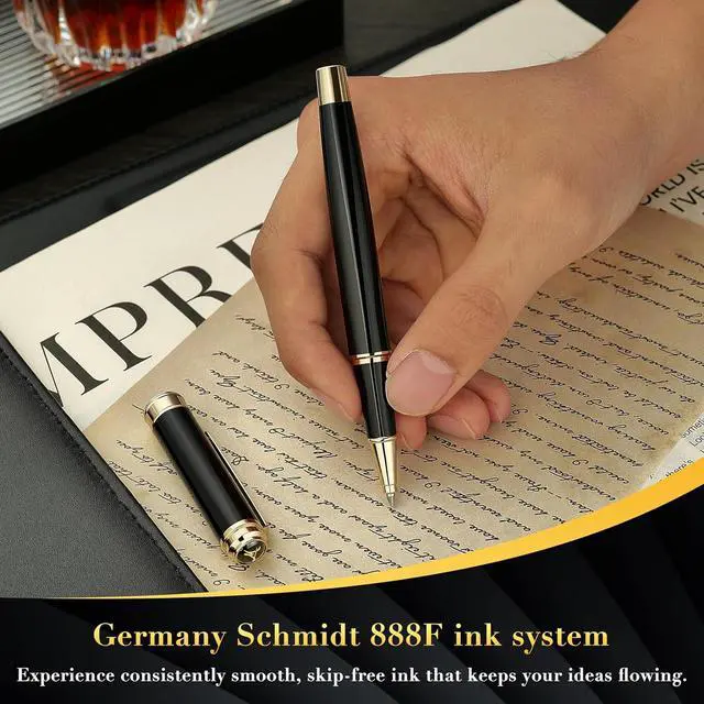 Alt view image 4 of 7 - MCNTEIK 317 Rollerball - Stunning Luxury Black Lacquer Pen with 24K Gold Finish, Schmidt Black Ink Refill, Best Gift Set for Men & Women, Executive Office, Christmas, Nice Classic Pens-Black