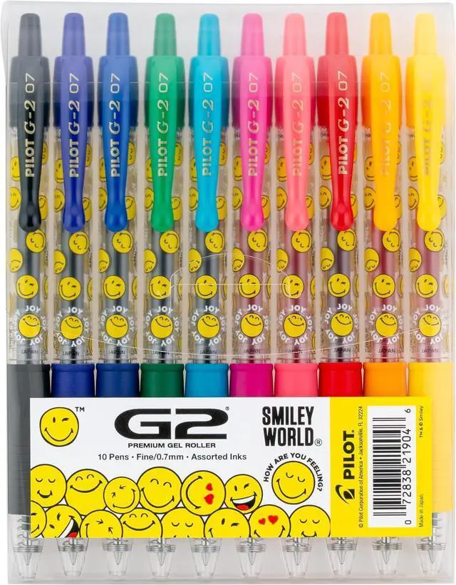 Main image of PILOT, G2 Premium Gel Roller Pens, G2 SmileyWorld Collection, Write Happier, 10 Pack Pouch, Fine Point 0.7 mm, Assorted