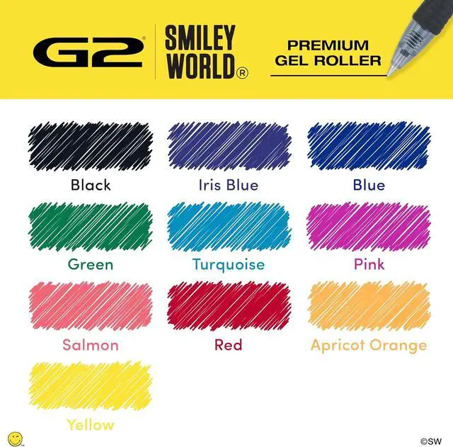 Alt view image 6 of 7 - PILOT, G2 Premium Gel Roller Pens, G2 SmileyWorld Collection, Write Happier, 10 Pack Pouch, Fine Point 0.7 mm, Assorted