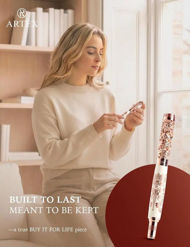 Alt view image 6 of 7 - ARTEX Luxury Fountain Pen - Museum Art Collections - Crafting Timeless Beauty - the Best Gift & Office Desk Decor, German SCHMIDT Fine Nib, Solid Metal (Ivory and Rosegold Pen)