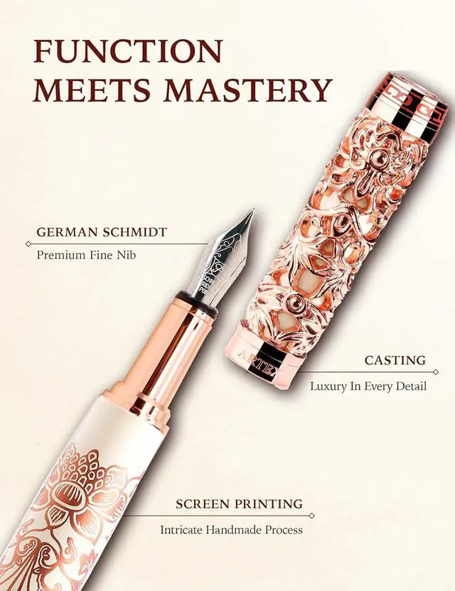 Alt view image 5 of 7 - ARTEX Luxury Fountain Pen - Museum Art Collections - Crafting Timeless Beauty - the Best Gift & Office Desk Decor, German SCHMIDT Fine Nib, Solid Metal (Ivory and Rosegold Pen)