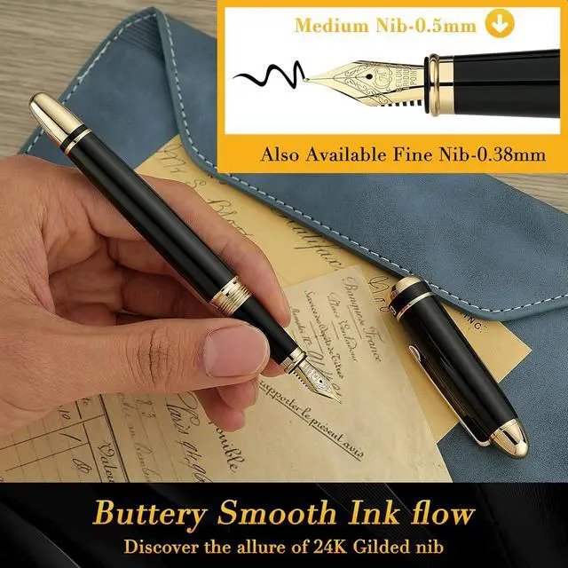 Alt view image 4 of 7 - BEILUNER 315 Black Fountain Pen,Stunning Luxury Pens with 24K Gold Accents, Gorgeous 24K Gilded Nib(Medium), Ink Converter,Fancy Pen Gift for Men&Women-Elegant, Office, Reliable, Nice Design