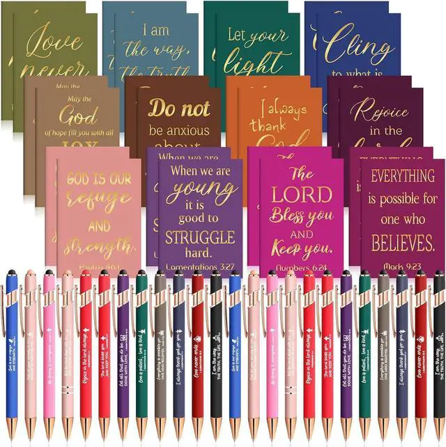 Main image of Estune 48 Pcs Bible Pens Notepads Gifts Set Christian Gifts for Women Ballpoint Pen Notebook Inspirational Quotes Christian Pens Bible Journal Motivational Gift for Church Coworkers (Simple Style)