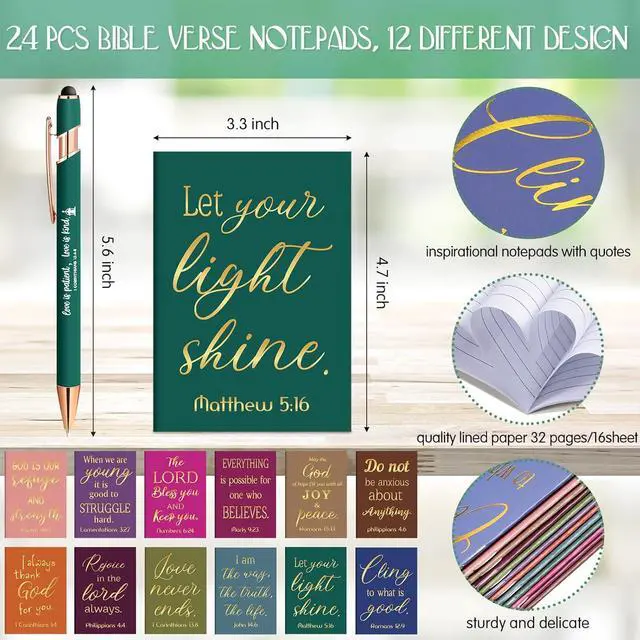Alt view image 2 of 7 - Estune 48 Pcs Bible Pens Notepads Gifts Set Christian Gifts for Women Ballpoint Pen Notebook Inspirational Quotes Christian Pens Bible Journal Motivational Gift for Church Coworkers (Simple Style)