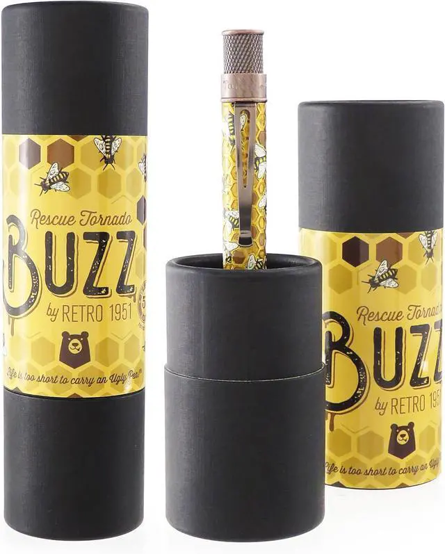 Alt view image 4 of 4 - Retro 1951 Tornado Rescue - "Buzz" Honeybee Ballpoint Pen - Acid-etched Honeycomb Design Bee Pen - Proceeds Benefit NW Honey Bee Habitat Restoration