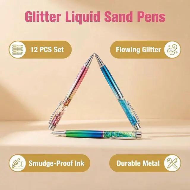 Alt view image 2 of 7 - Abhay 12 Pack Liquid Sand Glitter Pen Metal Ballpoint Pens Metal Ball Pens Floating Glitter Dynamic Liquid Sand Pen for Office Supplies