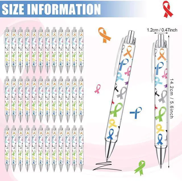 Alt view image 2 of 6 - Fulmoon Cancer Awareness Ballpoint Pens Bulk Colorful Ribbon Retractable Gel Pen Black Ink Sarcoma Lung Breast Cancer Awareness Items for Public Events Charity Supplies(100)