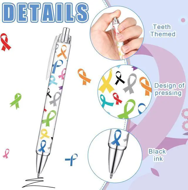 Alt view image 3 of 6 - Fulmoon Cancer Awareness Ballpoint Pens Bulk Colorful Ribbon Retractable Gel Pen Black Ink Sarcoma Lung Breast Cancer Awareness Items for Public Events Charity Supplies(100)
