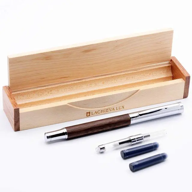 Alt view image 2 of 6 - LACHIEVA LUX Walnut Fountain Pen, German Fine Nib, Smooth Ink Flow, Wooden Gift Box with Converter & 2 Cartridges, Fancy Pen for Men and Women