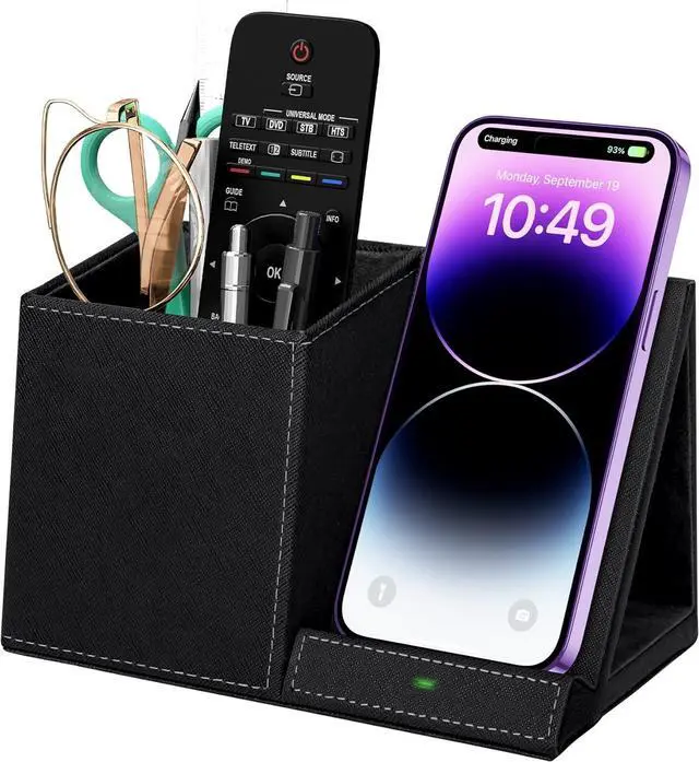 Main image of Desk Supplies Organizer, Multi-Functional Pencil Pen Holder with Wireless Charger, Desktop Stationery Organizer, Home Office Supply Storage Box Caddy (Black)