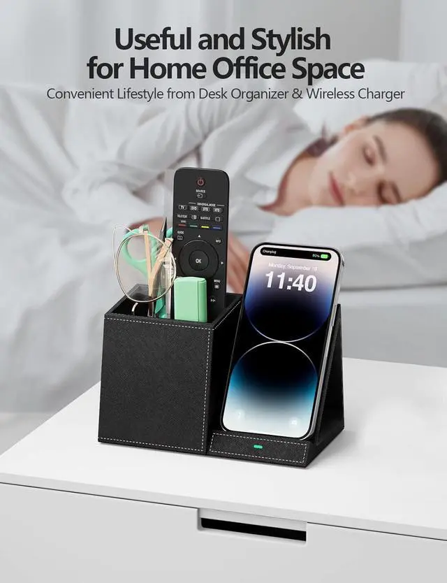 Alt view image 4 of 7 - Desk Supplies Organizer, Multi-Functional Pencil Pen Holder with Wireless Charger, Desktop Stationery Organizer, Home Office Supply Storage Box Caddy (Black)
