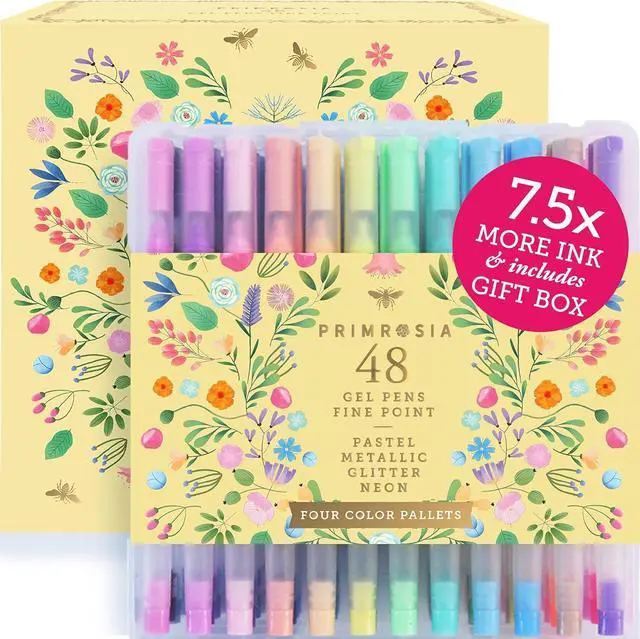 Main image of Primrosia 48 Gel Pens, inc. Metallic, Pastel, Glitter & Flourescent for Adult Coloring Book & Dot Grid Journal Pens. No-Bleed-Through in a Variety of Shades, 7.5x More Ink Fine Point Markers Set