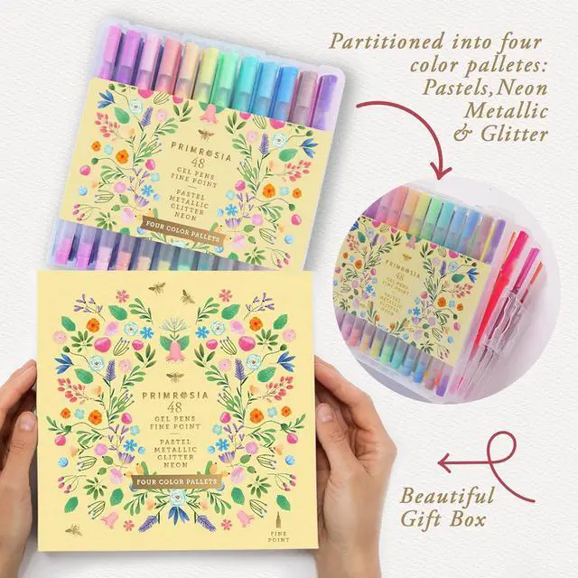Alt view image 2 of 7 - Primrosia 48 Gel Pens, inc. Metallic, Pastel, Glitter & Flourescent for Adult Coloring Book & Dot Grid Journal Pens. No-Bleed-Through in a Variety of Shades, 7.5x More Ink Fine Point Markers Set