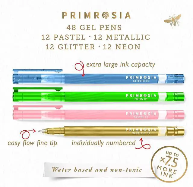Alt view image 3 of 7 - Primrosia 48 Gel Pens, inc. Metallic, Pastel, Glitter & Flourescent for Adult Coloring Book & Dot Grid Journal Pens. No-Bleed-Through in a Variety of Shades, 7.5x More Ink Fine Point Markers Set