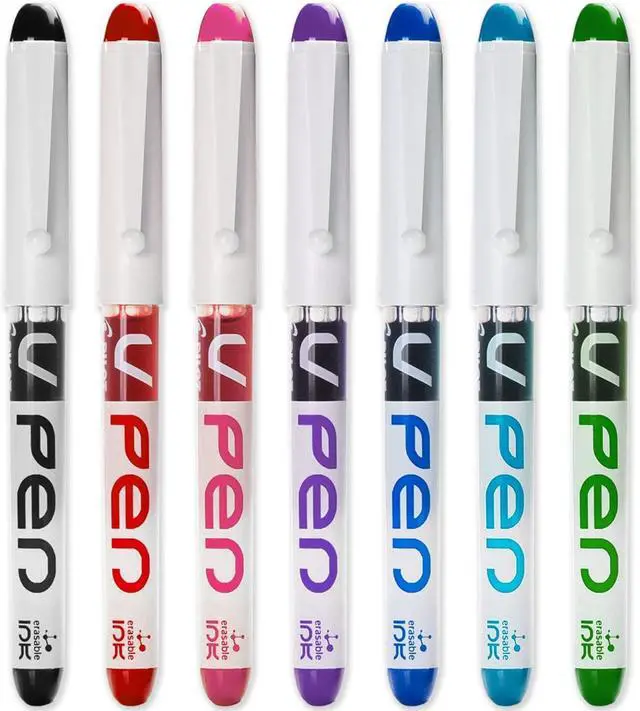 Main image of PILOT V PEN - Erasable Disposable Fountain Pen - 0.6mm Nib Tip - Medium Line - Pack of 7 - Black, Red, Pink, Violet, Blue, Peacock & Green
