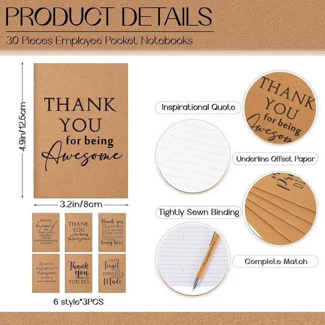 Alt view image 3 of 6 - Teling 30 Sets Teacher End of Year Appreciation Gifts Include Thank You Notebooks Inspirational Bamboo Wooden Ballpoint Pen with Organza Bag Notebook Journal for Teacher Women Staff Team Coworker