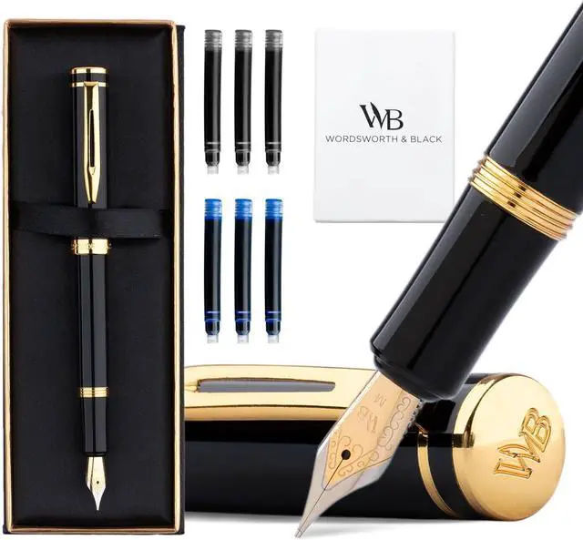 Main image of Wordsworth and Black Fountain Pen Mini EDC: Luxury Black Heavy Pocket Pen, Gold Finish, Medium Nib, 6 Ink Cartridges, Ink Converter, Travel Refillable Writing Pen Gift Set, Men & Women