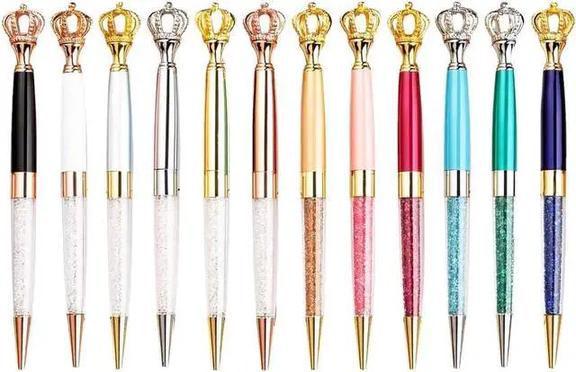 Main image of 12 Pack Fancy Crown Pens, Assorted Colors Metal Ballpoint with Hollow Crushed Diamond Top, Bling Desk Decor, Black Ink for Wedding Guest Book, Bridal Shower Favors