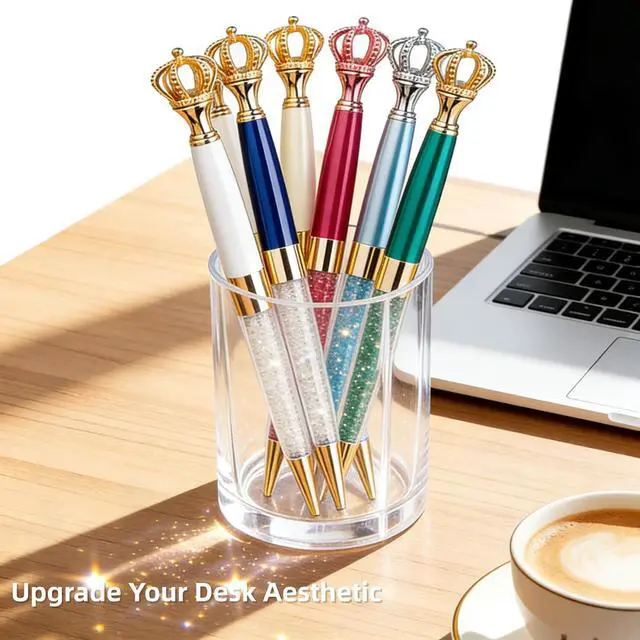 Alt view image 3 of 7 - 12 Pack Fancy Crown Pens, Assorted Colors Metal Ballpoint with Hollow Crushed Diamond Top, Bling Desk Decor, Black Ink for Wedding Guest Book, Bridal Shower Favors