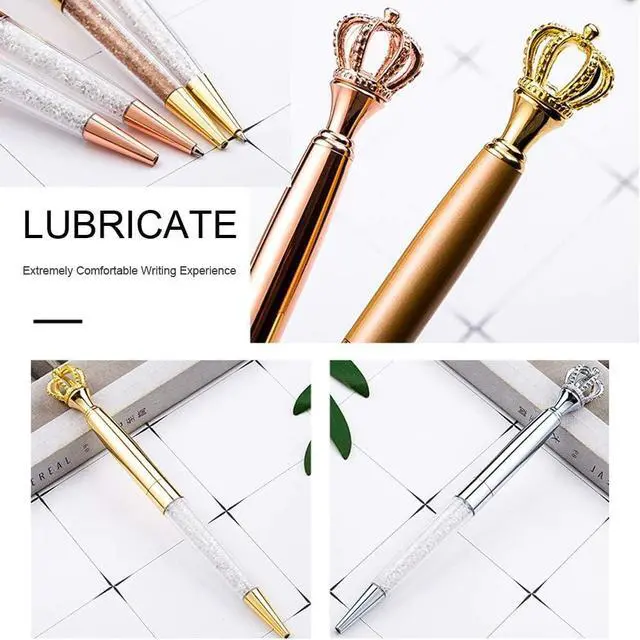 Alt view image 6 of 7 - 12 Pack Fancy Crown Pens, Assorted Colors Metal Ballpoint with Hollow Crushed Diamond Top, Bling Desk Decor, Black Ink for Wedding Guest Book, Bridal Shower Favors