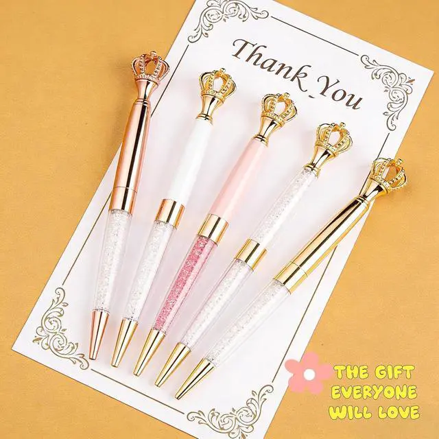 Alt view image 4 of 7 - 12 Pack Fancy Crown Pens, Assorted Colors Metal Ballpoint with Hollow Crushed Diamond Top, Bling Desk Decor, Black Ink for Wedding Guest Book, Bridal Shower Favors