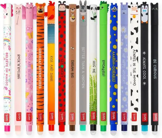 Main image of LEGAMI - Set of 15 Erasable Gel Pens with Thermosensitive Erase Ink, Range of ink colours & barrel designs, 0.7mm Tip, Animal Designs, Ladybug, Monster, Tiger, and Farmyard
