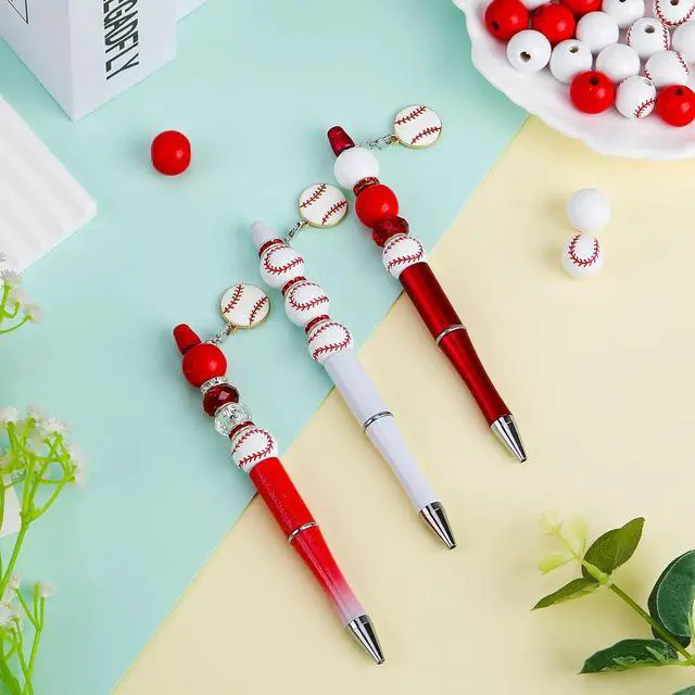 Alt view image 3 of 6 - 12 Pcs Beadable Pens Diy Assorted Bead Pens Wood Bead Crystal Spacer Beads Black Ink Diy Ballpoint Pen Set Baseball Pendant For Women School Office Supplies Diy Gift Crafts