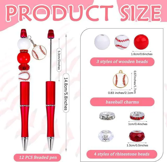 Alt view image 2 of 6 - 12 Pcs Beadable Pens Diy Assorted Bead Pens Wood Bead Crystal Spacer Beads Black Ink Diy Ballpoint Pen Set Baseball Pendant For Women School Office Supplies Diy Gift Crafts