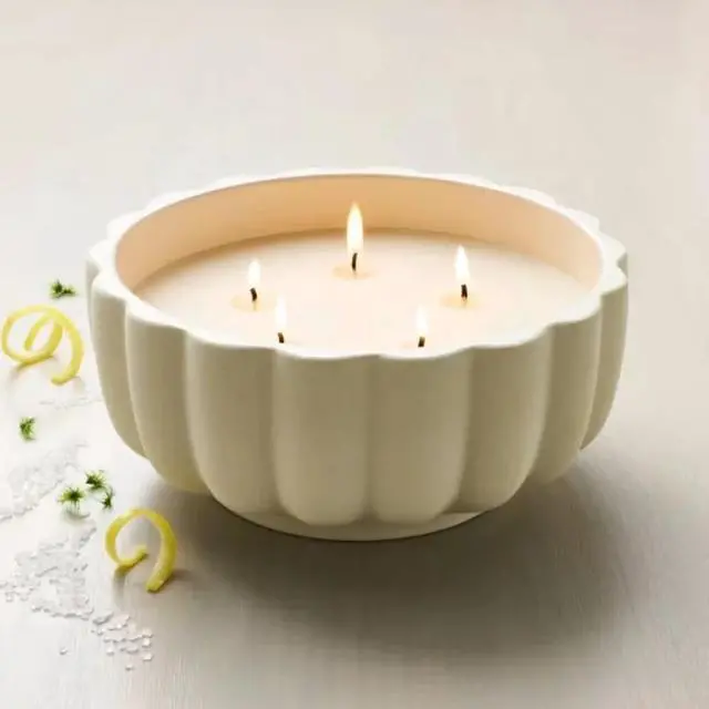 Alt view image 3 of 5 - 5-Wick Rustic Ceramic Salt Scalloped Jar Candle Cream 32oz