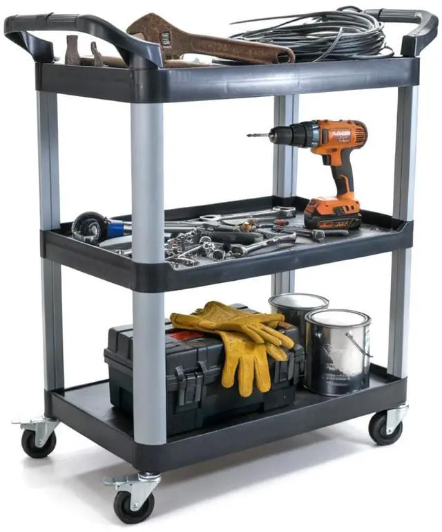 Main image of Commercial Heavy-Duty Utility Service Cart | 3 Shelf | | 450 Lbs Max Capacity | Rolling Utility Cart W 33" x H 37" x D 16" Black