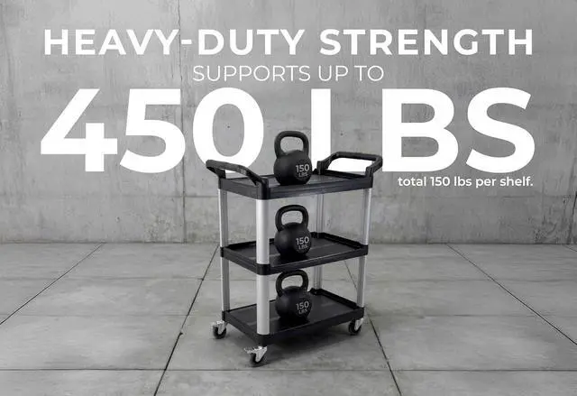 Alt view image 2 of 7 - Commercial Heavy-Duty Utility Service Cart | 3 Shelf | | 450 Lbs Max Capacity | Rolling Utility Cart W 33" x H 37" x D 16" Black
