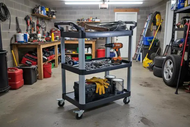 Alt view image 3 of 7 - Commercial Heavy-Duty Utility Service Cart | 3 Shelf | | 450 Lbs Max Capacity | Rolling Utility Cart W 33" x H 37" x D 16" Black
