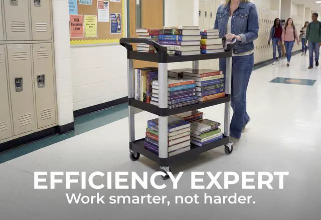 Alt view image 5 of 7 - Commercial Heavy-Duty Utility Service Cart | 3 Shelf | | 450 Lbs Max Capacity | Rolling Utility Cart W 33" x H 37" x D 16" Black