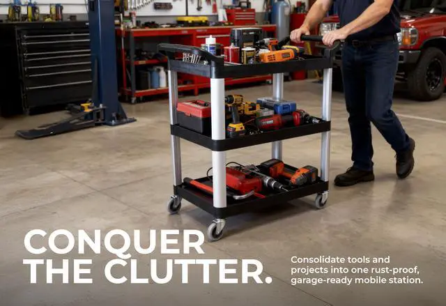 Alt view image 6 of 7 - Commercial Heavy-Duty Utility Service Cart | 3 Shelf | | 450 Lbs Max Capacity | Rolling Utility Cart W 33" x H 37" x D 16" Black