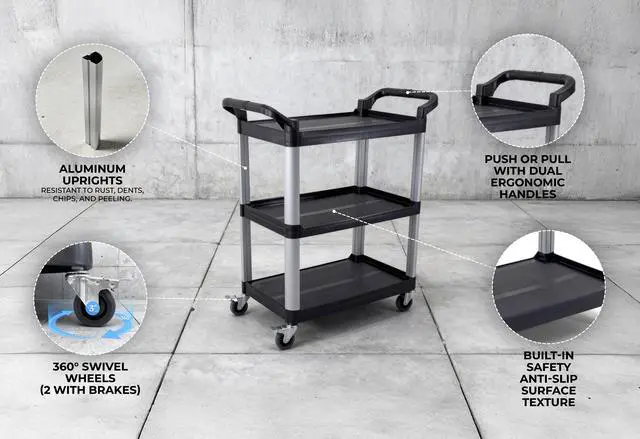 Alt view image 7 of 7 - Commercial Heavy-Duty Utility Service Cart | 3 Shelf | | 450 Lbs Max Capacity | Rolling Utility Cart W 33" x H 37" x D 16" Black