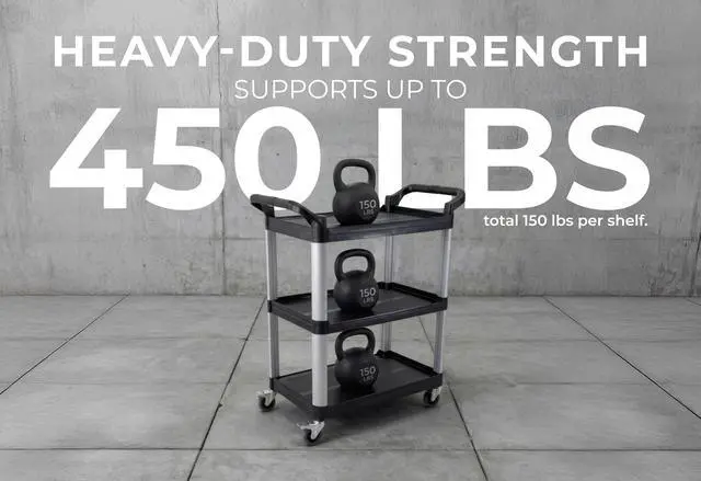 Alt view image 4 of 7 - Commercial Heavy-Duty Utility Service Cart | 3 Shelf | | 450 Lbs Max Capacity | Rolling Utility Cart W 33" x H 37" x D 16" Black