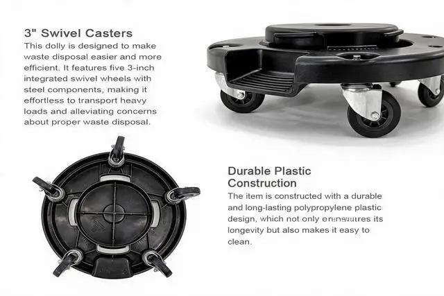 Alt view image 3 of 7 - Trash Can Dolly | Heavy-Duty Plastic | 5 Casters | Foot Stabilizer | 460 Lb. Capacity (Black)