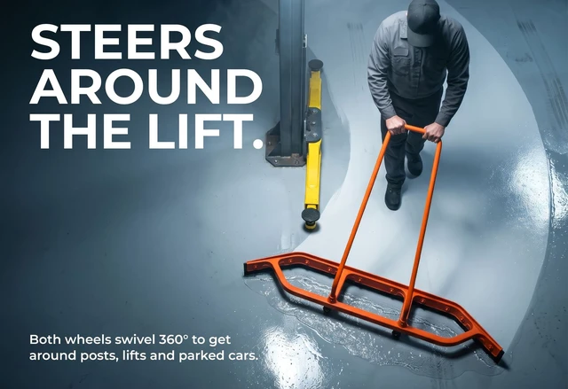 Alt view image 5 of 7 - Heavy Duty Commercial Floor Squeegee with Wheels, Extra Wide 59" Curved Water Squeegee with 37" Push Handle, Orange Metal Frame & Black Blade for Warehouse, Garage & Industrial Floor Cleaning