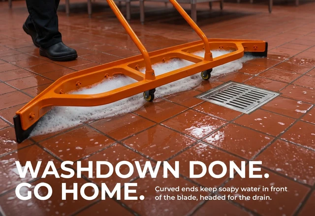 Alt view image 6 of 7 - Heavy Duty Commercial Floor Squeegee with Wheels, Extra Wide 59" Curved Water Squeegee with 37" Push Handle, Orange Metal Frame & Black Blade for Warehouse, Garage & Industrial Floor Cleaning