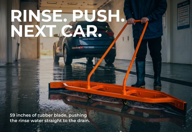 Alt view image 7 of 7 - Heavy Duty Commercial Floor Squeegee with Wheels, Extra Wide 59" Curved Water Squeegee with 37" Push Handle, Orange Metal Frame & Black Blade for Warehouse, Garage & Industrial Floor Cleaning