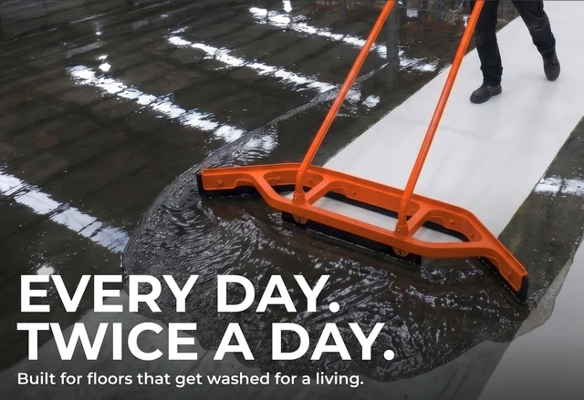 Alt view image 2 of 7 - Heavy Duty Commercial Floor Squeegee with Wheels, Extra Wide 47" Curved Water Squeegee with 37" Push Handle, Orange Metal Frame & Black Blade for Warehouse, Garage & Industrial Floor Cleaning