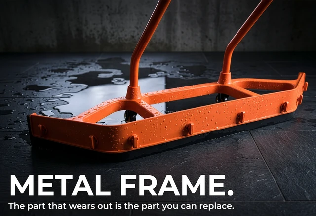 Alt view image 4 of 7 - Heavy Duty Commercial Floor Squeegee with Wheels, Extra Wide 47" Curved Water Squeegee with 37" Push Handle, Orange Metal Frame & Black Blade for Warehouse, Garage & Industrial Floor Cleaning