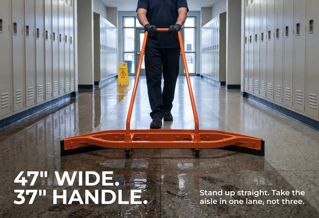 Alt view image 6 of 7 - Heavy Duty Commercial Floor Squeegee with Wheels, Extra Wide 47" Curved Water Squeegee with 37" Push Handle, Orange Metal Frame & Black Blade for Warehouse, Garage & Industrial Floor Cleaning