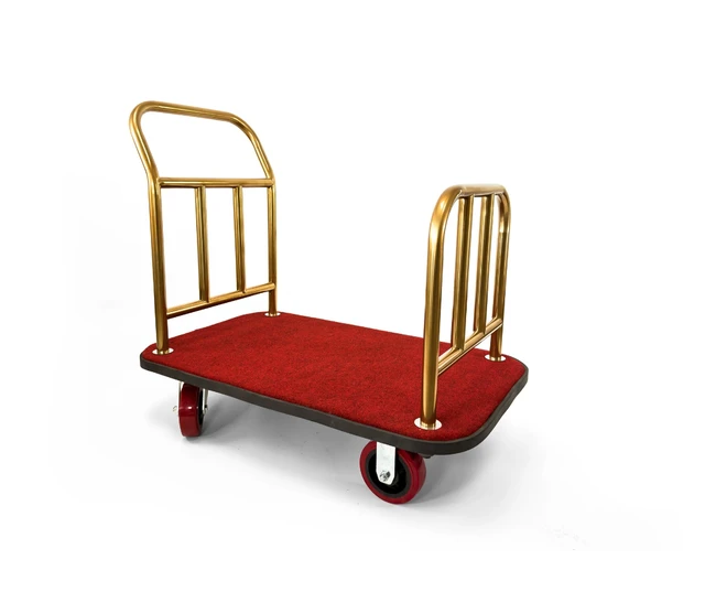 Alt view image 2 of 7 - Heavy Duty Hotel Luggage Cart with Wheels, 41" x 25" Red Carpet Platform, Gold Stainless Steel Dual Handles, Commercial Bellman Luggage Trolley with Protective Bumper for Hotels & Resorts