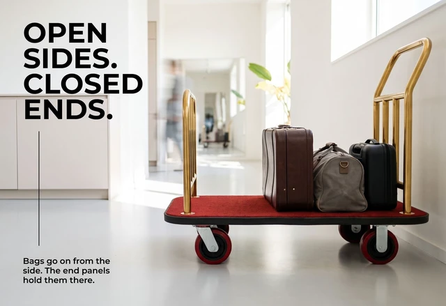 Alt view image 3 of 7 - Heavy Duty Hotel Luggage Cart with Wheels, 41" x 25" Red Carpet Platform, Gold Stainless Steel Dual Handles, Commercial Bellman Luggage Trolley with Protective Bumper for Hotels & Resorts