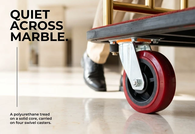 Alt view image 4 of 7 - Heavy Duty Hotel Luggage Cart with Wheels, 41" x 25" Red Carpet Platform, Gold Stainless Steel Dual Handles, Commercial Bellman Luggage Trolley with Protective Bumper for Hotels & Resorts