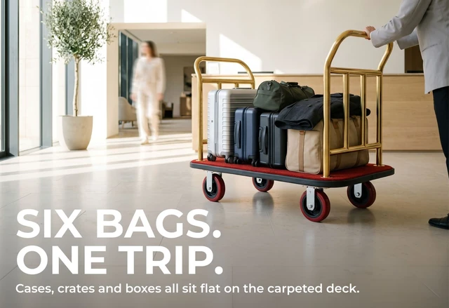 Alt view image 5 of 7 - Heavy Duty Hotel Luggage Cart with Wheels, 41" x 25" Red Carpet Platform, Gold Stainless Steel Dual Handles, Commercial Bellman Luggage Trolley with Protective Bumper for Hotels & Resorts
