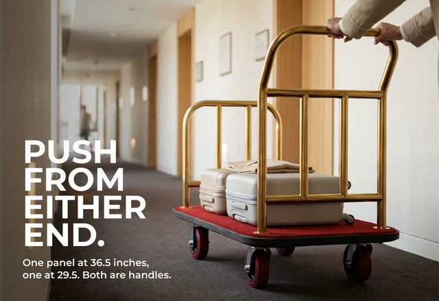 Alt view image 6 of 7 - Heavy Duty Hotel Luggage Cart with Wheels, 41" x 25" Red Carpet Platform, Gold Stainless Steel Dual Handles, Commercial Bellman Luggage Trolley with Protective Bumper for Hotels & Resorts